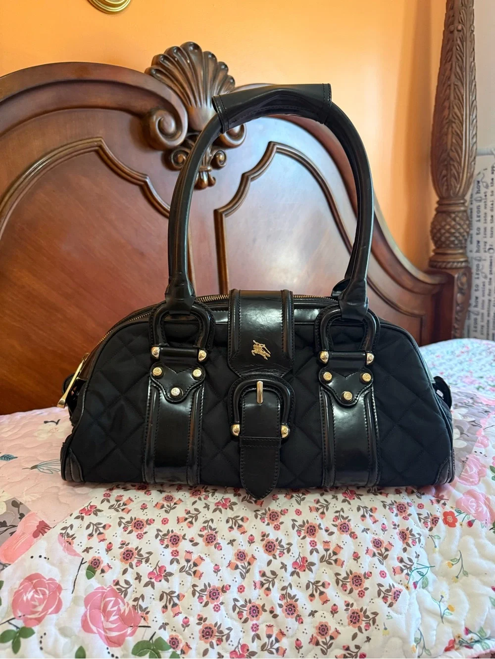 🐎 BURBERRY 🐎 BLACK QUILTED NYLON AND PATENT LEATHER MANOR SATCHEL AUTHENTIC